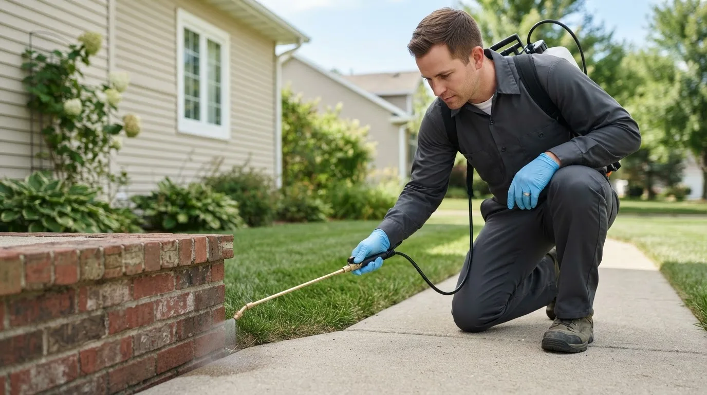 Pest control technician treating a home near Plainville, KS